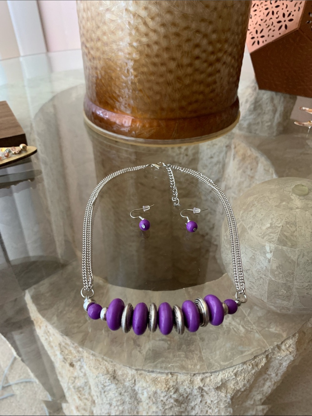 Purple Bead Necklace and Earrings Set